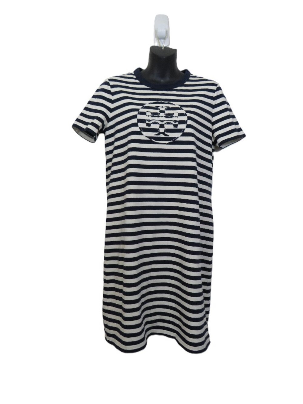Tory Burch Size Small Cotton Striped Logo T Shirt Dress Navy Blue Short Sleeve